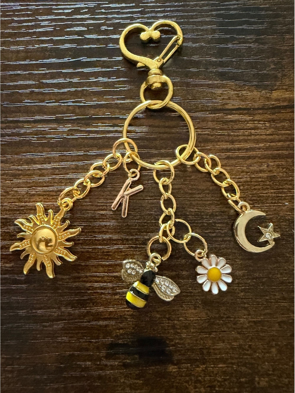 Gold Tone Sun, Moon, Bee, and Daisy Charm Keychain